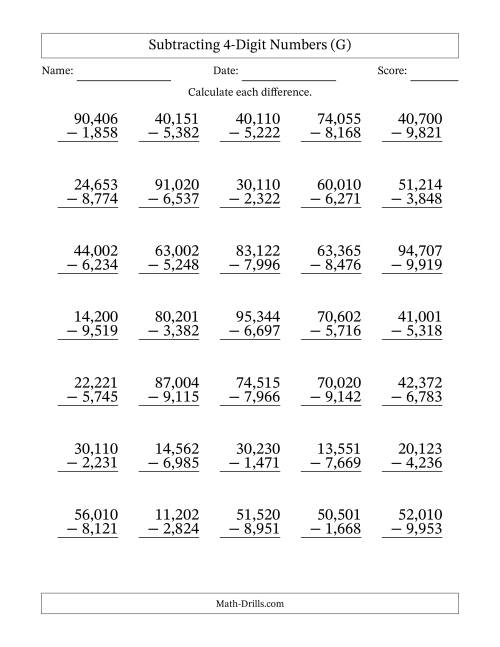 The Subtracting 4-Digit Numbers With All Regrouping (35 Questions) (Comma Separated Thousands) (G) Math Worksheet