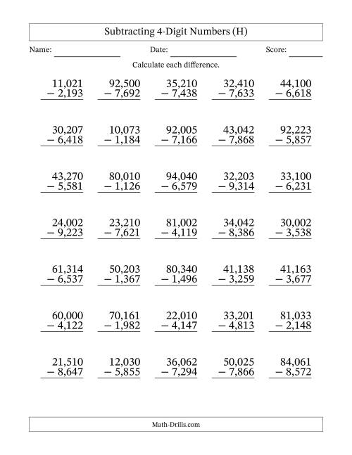 The Subtracting 4-Digit Numbers With All Regrouping (35 Questions) (Comma Separated Thousands) (H) Math Worksheet