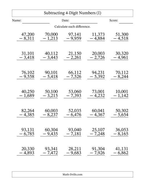 The Subtracting 4-Digit Numbers With All Regrouping (35 Questions) (Comma Separated Thousands) (I) Math Worksheet