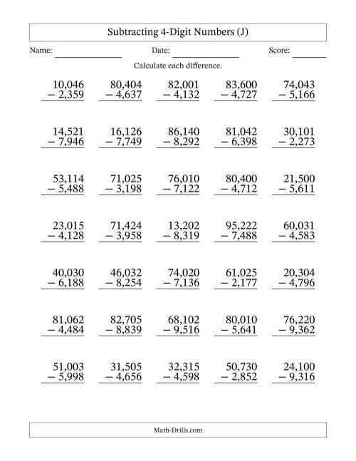 The Subtracting 4-Digit Numbers With All Regrouping (35 Questions) (Comma Separated Thousands) (J) Math Worksheet