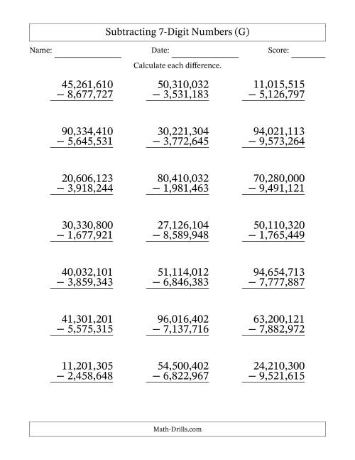 The Subtracting 7-Digit Numbers With All Regrouping (21 Questions) (Comma Separated Thousands) (G) Math Worksheet