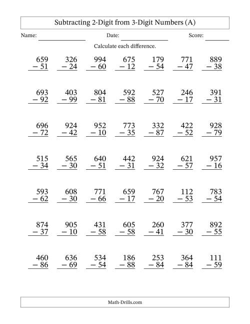 The Subtracting 2-Digit from 3-Digit Numbers With Some Regrouping (49 Questions) (A) Math Worksheet