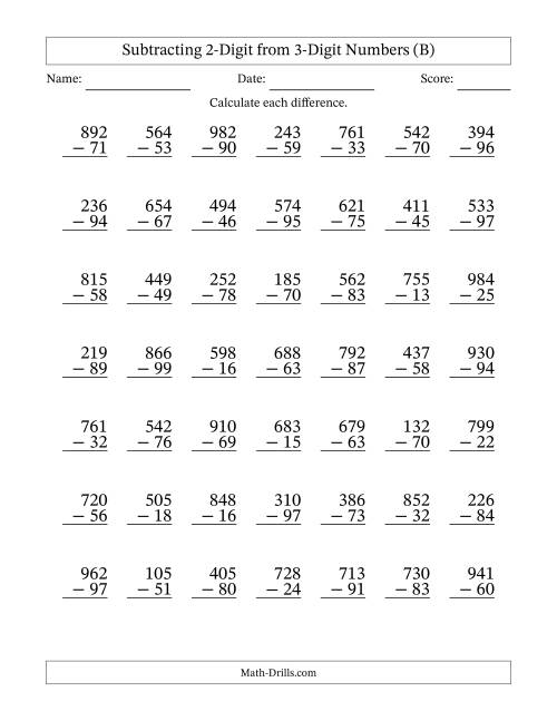 The Subtracting 2-Digit from 3-Digit Numbers With Some Regrouping (49 Questions) (B) Math Worksheet