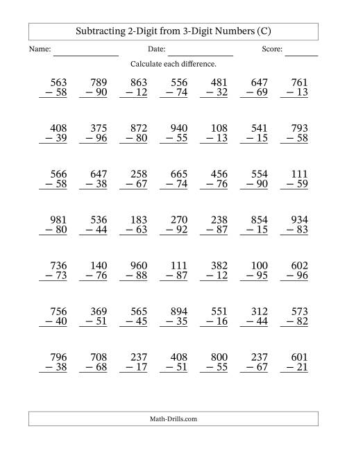 The Subtracting 2-Digit from 3-Digit Numbers With Some Regrouping (49 Questions) (C) Math Worksheet