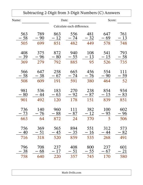 The Subtracting 2-Digit from 3-Digit Numbers With Some Regrouping (49 Questions) (C) Math Worksheet Page 2