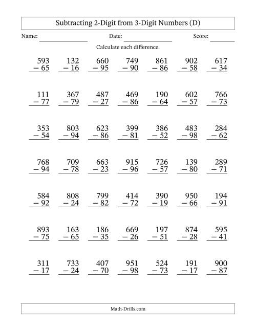 The Subtracting 2-Digit from 3-Digit Numbers With Some Regrouping (49 Questions) (D) Math Worksheet