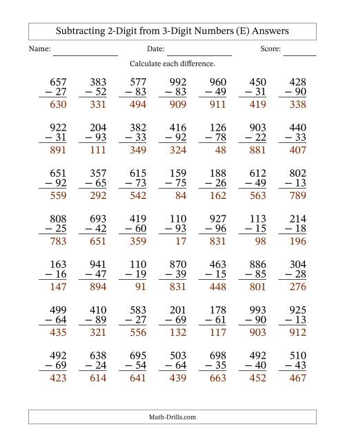 The Subtracting 2-Digit from 3-Digit Numbers With Some Regrouping (49 Questions) (E) Math Worksheet Page 2