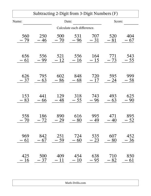 The Subtracting 2-Digit from 3-Digit Numbers With Some Regrouping (49 Questions) (F) Math Worksheet