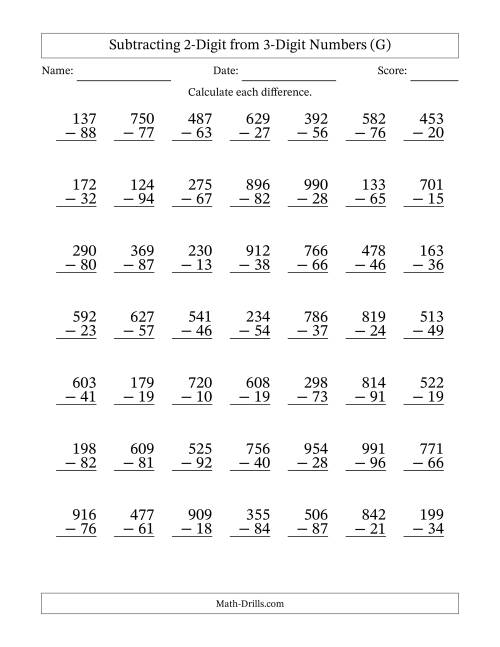 The Subtracting 2-Digit from 3-Digit Numbers With Some Regrouping (49 Questions) (G) Math Worksheet