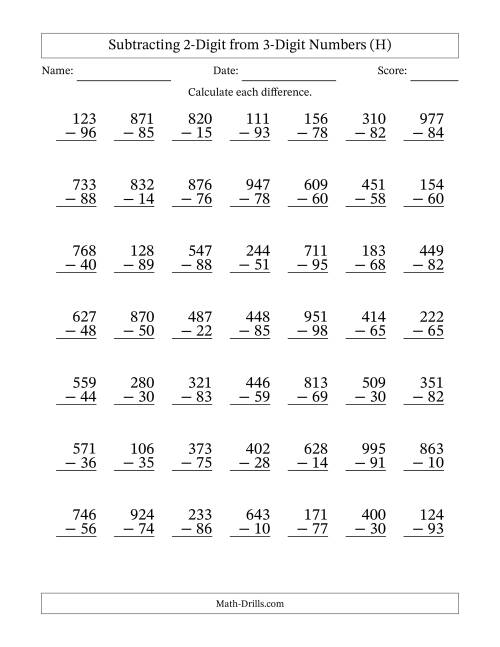 The Subtracting 2-Digit from 3-Digit Numbers With Some Regrouping (49 Questions) (H) Math Worksheet