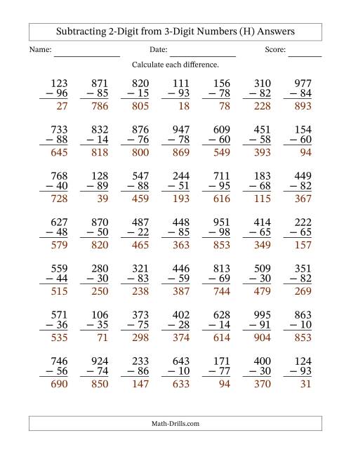 The Subtracting 2-Digit from 3-Digit Numbers With Some Regrouping (49 Questions) (H) Math Worksheet Page 2