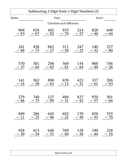 The Subtracting 2-Digit from 3-Digit Numbers With Some Regrouping (49 Questions) (I) Math Worksheet