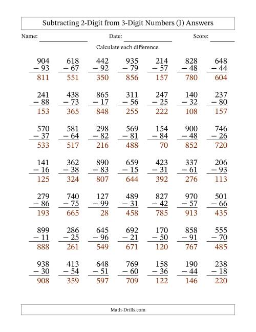 The Subtracting 2-Digit from 3-Digit Numbers With Some Regrouping (49 Questions) (I) Math Worksheet Page 2