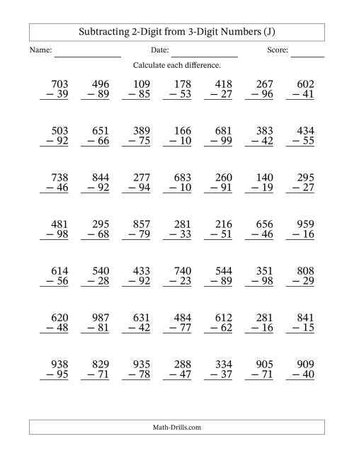 The Subtracting 2-Digit from 3-Digit Numbers With Some Regrouping (49 Questions) (J) Math Worksheet