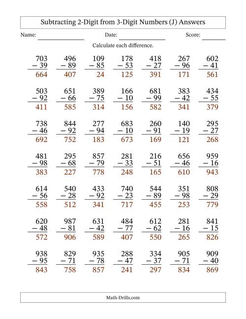 The Subtracting 2-Digit from 3-Digit Numbers With Some Regrouping (49 Questions) (J) Math Worksheet Page 2