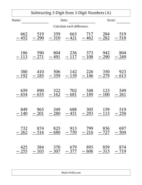 The Subtracting 3-Digit from 3-Digit Numbers With Some Regrouping (49 Questions) (A) Math Worksheet
