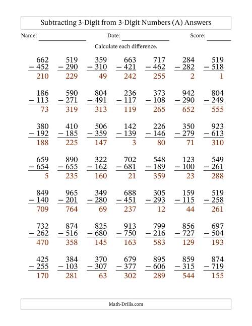 The Subtracting 3-Digit from 3-Digit Numbers With Some Regrouping (49 Questions) (A) Math Worksheet Page 2
