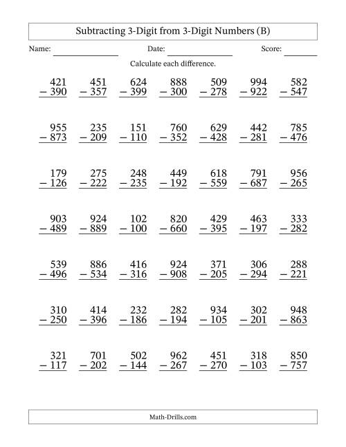 The Subtracting 3-Digit from 3-Digit Numbers With Some Regrouping (49 Questions) (B) Math Worksheet