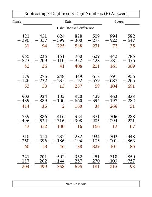 The Subtracting 3-Digit from 3-Digit Numbers With Some Regrouping (49 Questions) (B) Math Worksheet Page 2