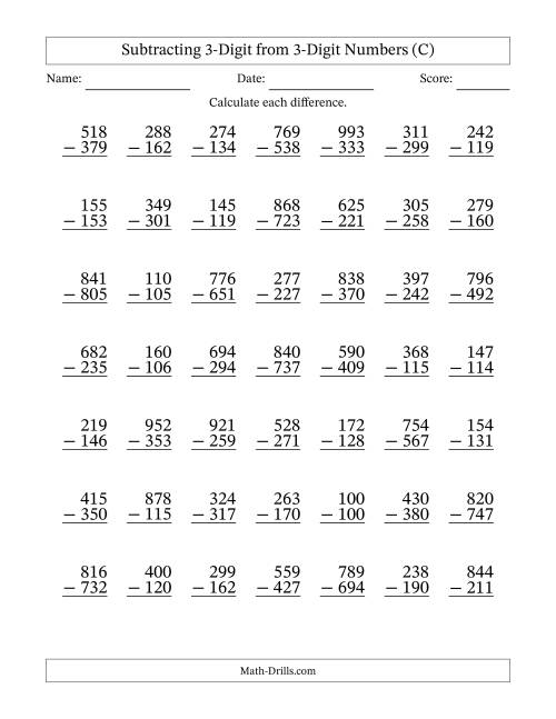 The Subtracting 3-Digit from 3-Digit Numbers With Some Regrouping (49 Questions) (C) Math Worksheet