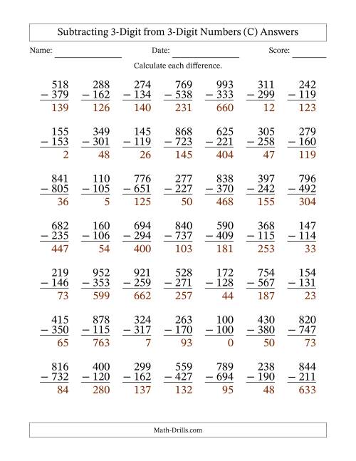The Subtracting 3-Digit from 3-Digit Numbers With Some Regrouping (49 Questions) (C) Math Worksheet Page 2