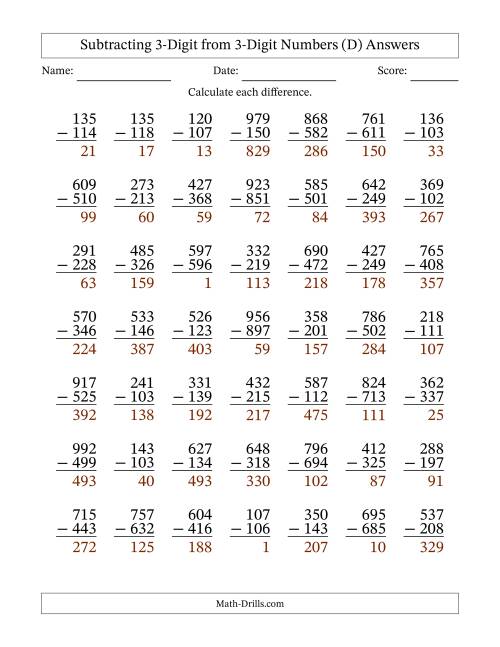 The Subtracting 3-Digit from 3-Digit Numbers With Some Regrouping (49 Questions) (D) Math Worksheet Page 2