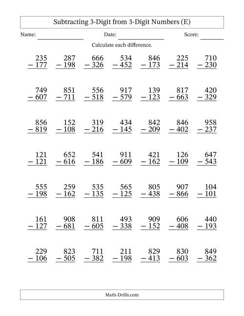 The Subtracting 3-Digit from 3-Digit Numbers With Some Regrouping (49 Questions) (E) Math Worksheet