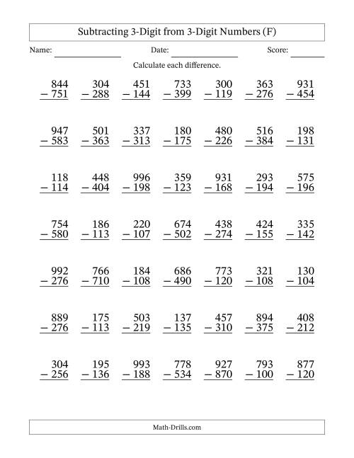The Subtracting 3-Digit from 3-Digit Numbers With Some Regrouping (49 Questions) (F) Math Worksheet