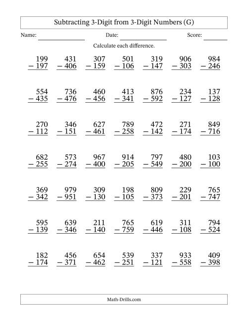 The Subtracting 3-Digit from 3-Digit Numbers With Some Regrouping (49 Questions) (G) Math Worksheet