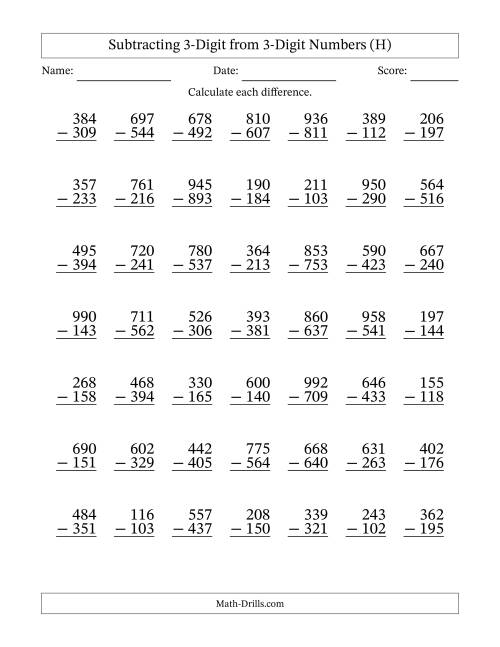 The Subtracting 3-Digit from 3-Digit Numbers With Some Regrouping (49 Questions) (H) Math Worksheet