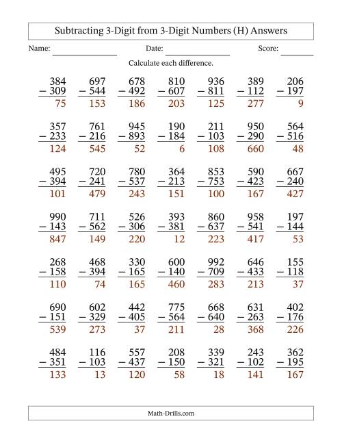 The 3-Digit Minus 3-Digit Subtraction (H) Math Worksheet Page 2