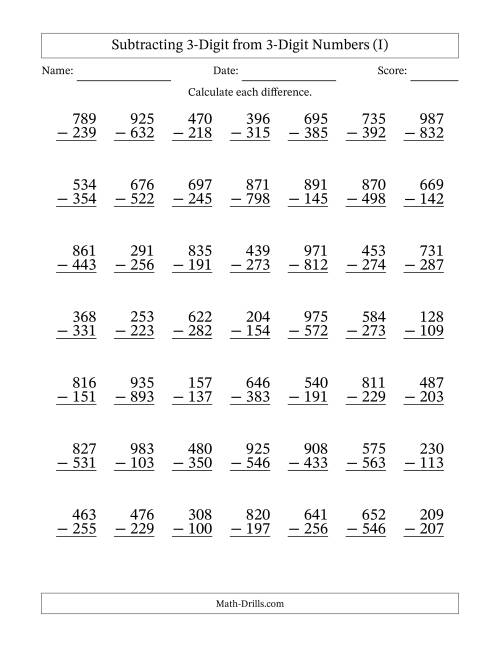 The Subtracting 3-Digit from 3-Digit Numbers With Some Regrouping (49 Questions) (I) Math Worksheet