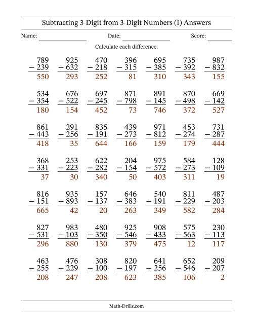 The Subtracting 3-Digit from 3-Digit Numbers With Some Regrouping (49 Questions) (I) Math Worksheet Page 2