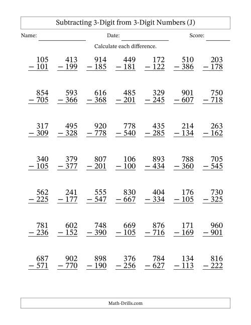 The 3-Digit Minus 3-Digit Subtraction (J) Math Worksheet