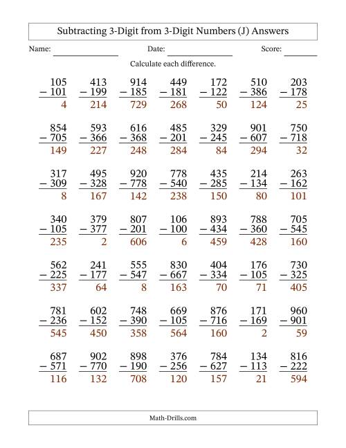 The 3-Digit Minus 3-Digit Subtraction (J) Math Worksheet Page 2