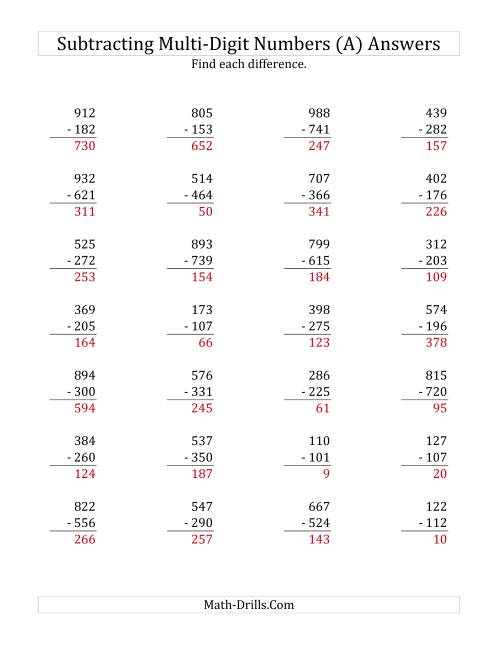The 3-Digit Minus 3-Digit Subtraction (Old) Math Worksheet Page 2
