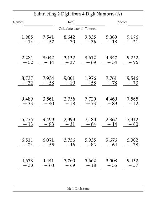 The 4-Digit Minus 2-Digit Subtraction with Comma-Separated Thousands (A) Math Worksheet