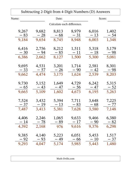 The Subtracting 2-Digit from 4-Digit Numbers With Some Regrouping (42 Questions) (Comma Separated Thousands) (D) Math Worksheet Page 2