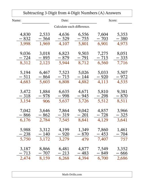 The 4-Digit Minus 3-Digit Subtraction with Comma-Separated Thousands (A) Math Worksheet Page 2
