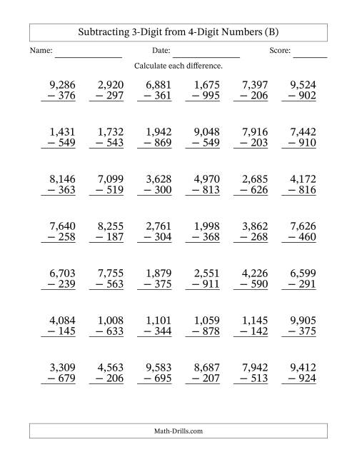 The Subtracting 3-Digit from 4-Digit Numbers With Some Regrouping (42 Questions) (Comma Separated Thousands) (B) Math Worksheet