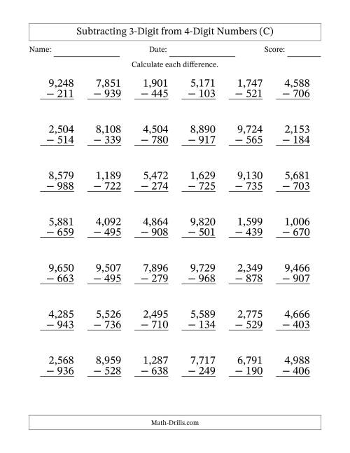 The Subtracting 3-Digit from 4-Digit Numbers With Some Regrouping (42 Questions) (Comma Separated Thousands) (C) Math Worksheet