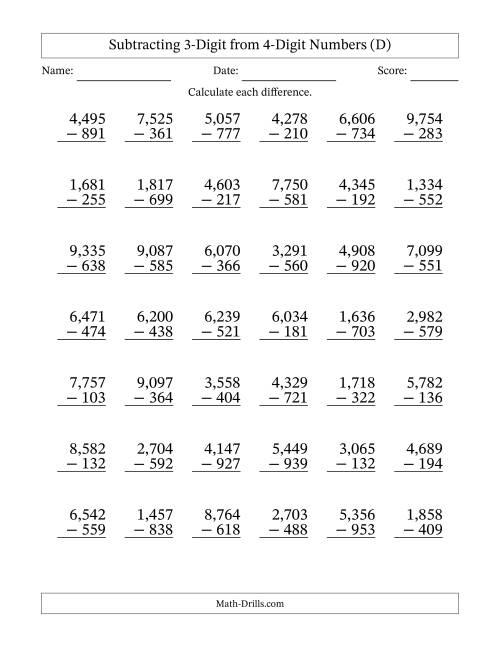 The Subtracting 3-Digit from 4-Digit Numbers With Some Regrouping (42 Questions) (Comma Separated Thousands) (D) Math Worksheet