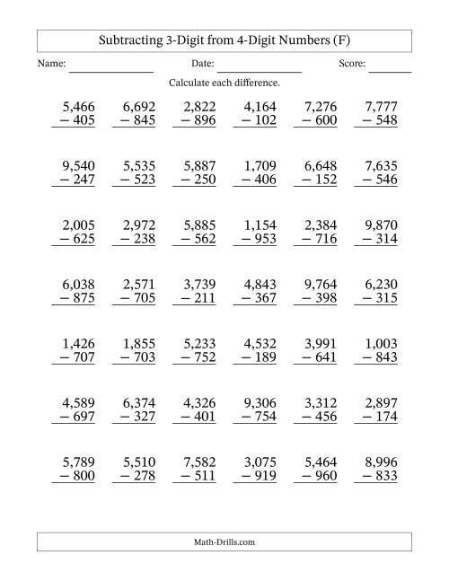 The Subtracting 3-Digit from 4-Digit Numbers With Some Regrouping (42 Questions) (Comma Separated Thousands) (F) Math Worksheet