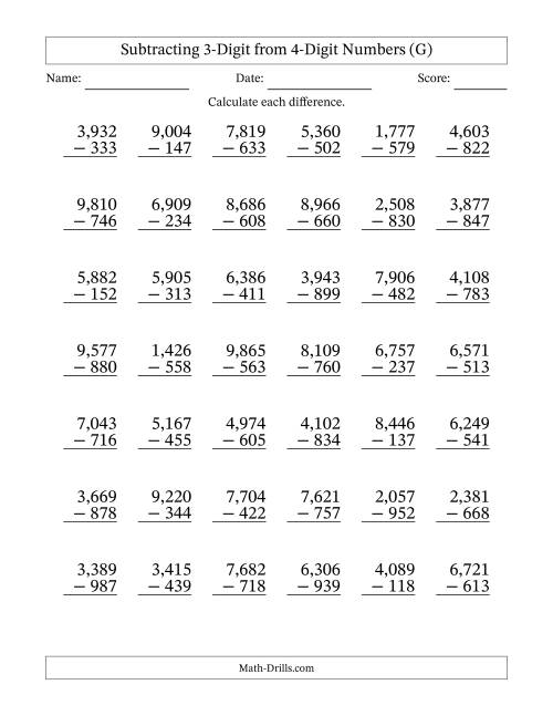 The 4-Digit Minus 3-Digit Subtraction with Comma-Separated Thousands (G) Math Worksheet