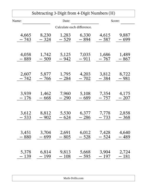 The Subtracting 3-Digit from 4-Digit Numbers With Some Regrouping (42 Questions) (Comma Separated Thousands) (H) Math Worksheet