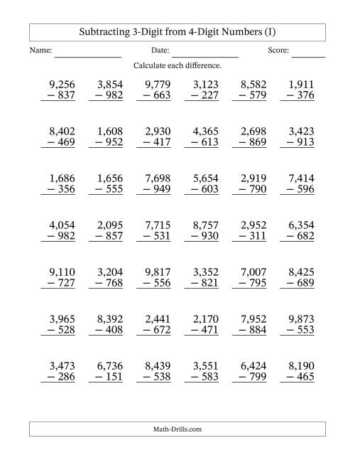 The Subtracting 3-Digit from 4-Digit Numbers With Some Regrouping (42 Questions) (Comma Separated Thousands) (I) Math Worksheet