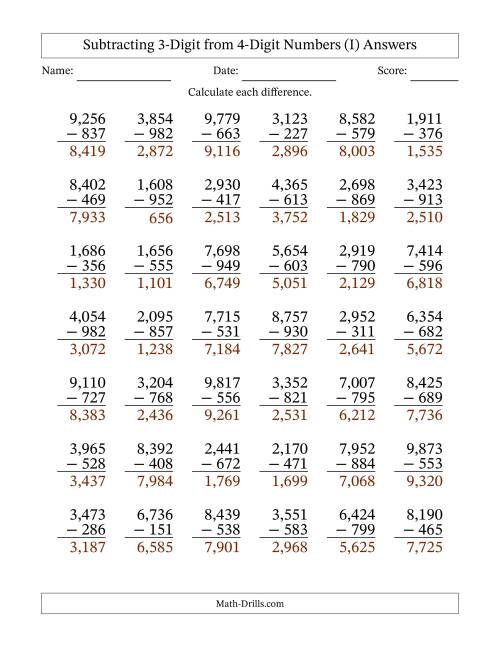 The 4-Digit Minus 3-Digit Subtraction with Comma-Separated Thousands (I) Math Worksheet Page 2