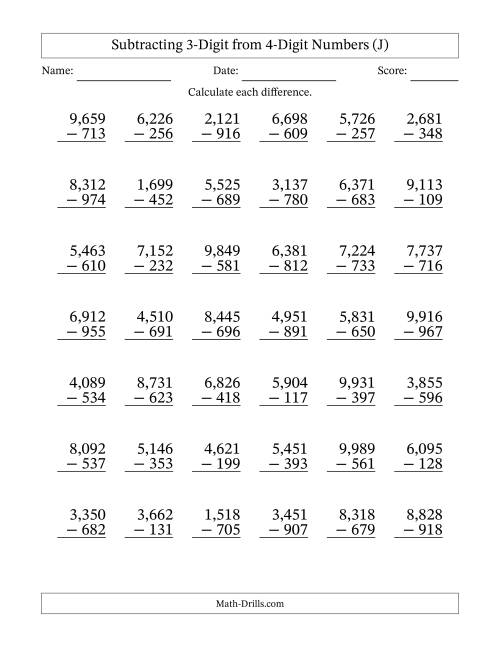 The Subtracting 3-Digit from 4-Digit Numbers With Some Regrouping (42 Questions) (Comma Separated Thousands) (J) Math Worksheet