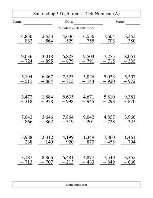The 4-Digit Minus 3-Digit Subtraction with Comma-Separated Thousands (All) Math Worksheet