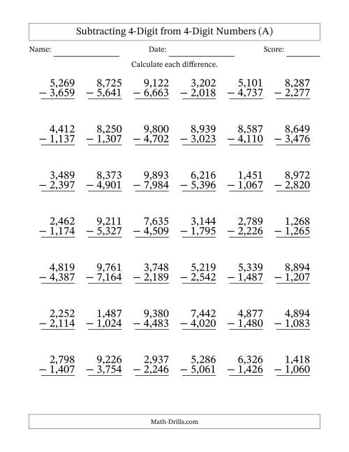 The Subtracting 4-Digit from 4-Digit Numbers With Some Regrouping (42 Questions) (Comma Separated Thousands) (A) Math Worksheet